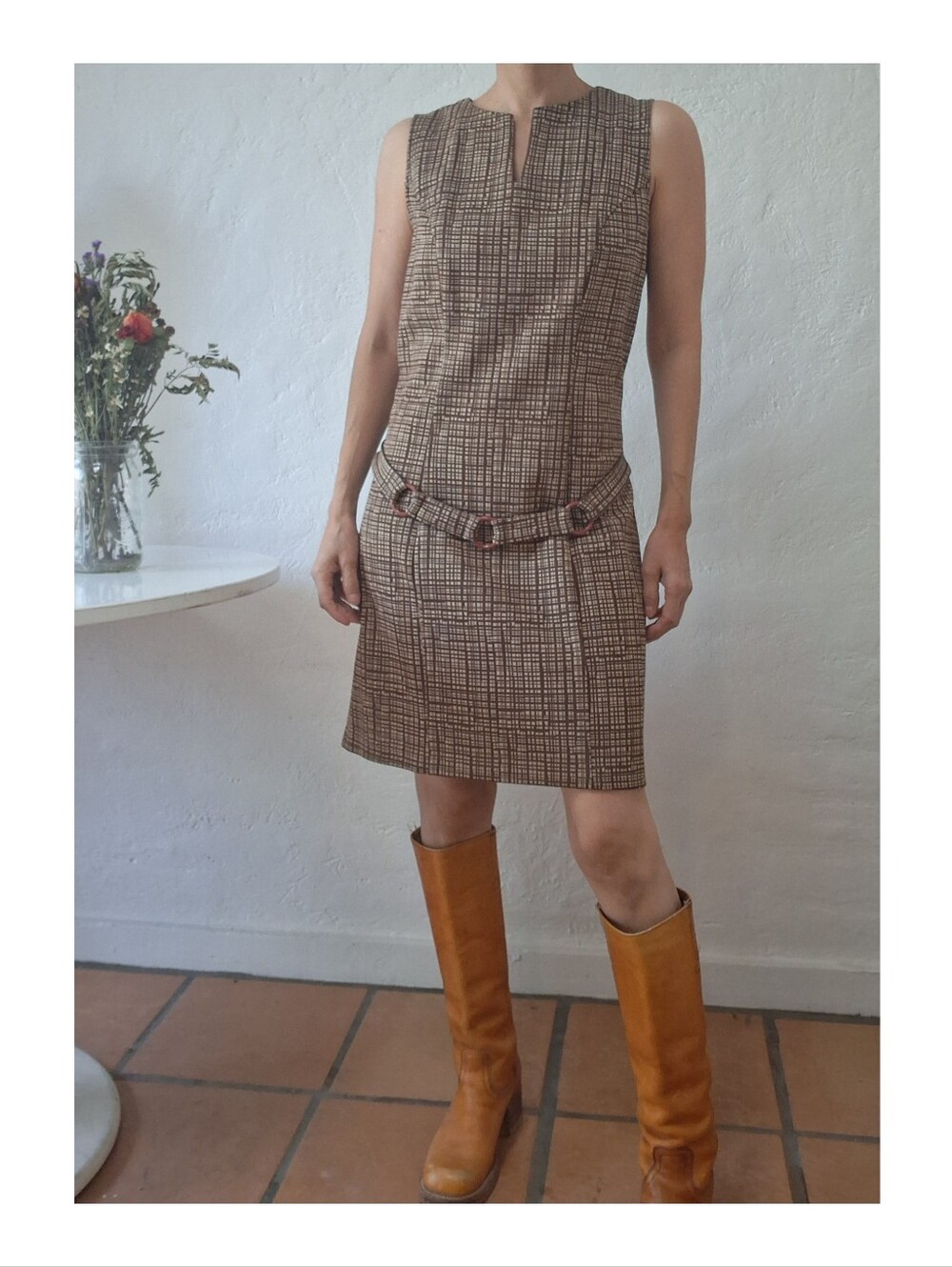 Vintage Boulevard de Paris Dress 80s 60s Mod Tweed Pattern Belt Mini Academia